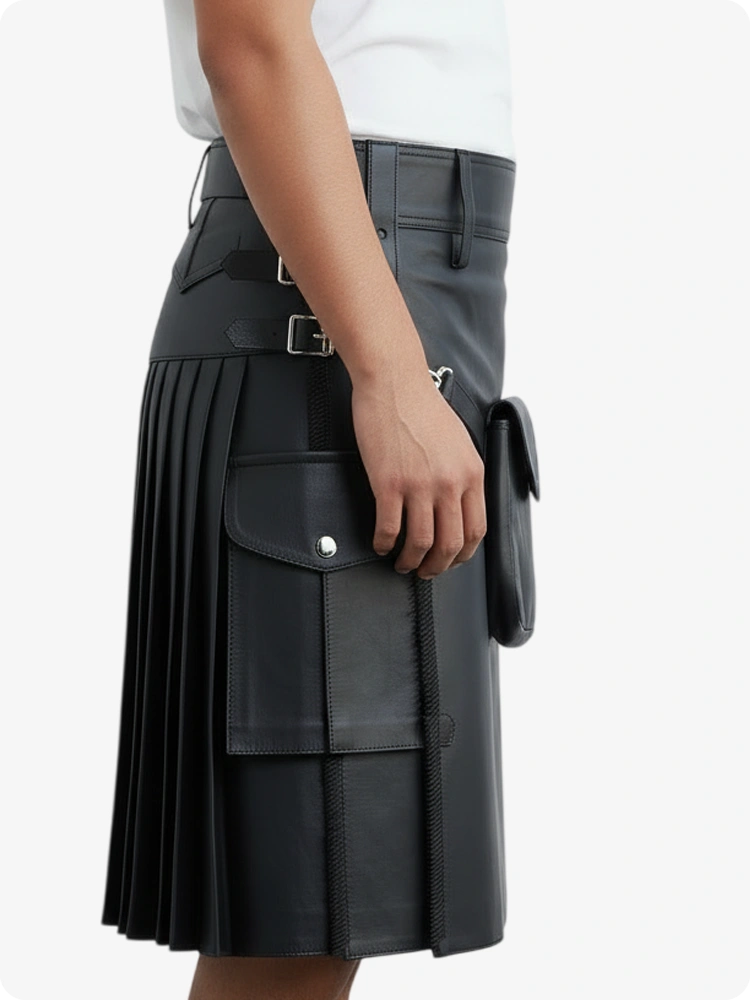 Kilt en cuir plissé anthracite avec passants de ceinture et sangles latérales