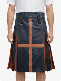 Person wearing a Charcoal kilt with brown accents on a white background