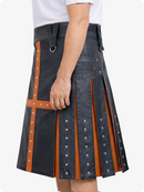 Charcoal kilt with brown accents and decorative studs on a white background