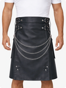 Charcoal Leather Utility Kilt with Chain Detailing & Adjustable Straps