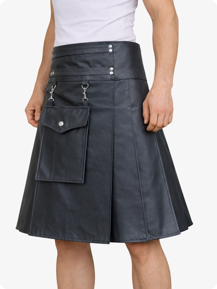 Black leather skirt with silver zippers and buttons on a white background