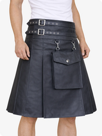 Black leather kilt with silver buckles and pockets on a white background