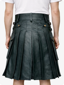 Charcoal pleated Leather Kilt worn by a person on a white background