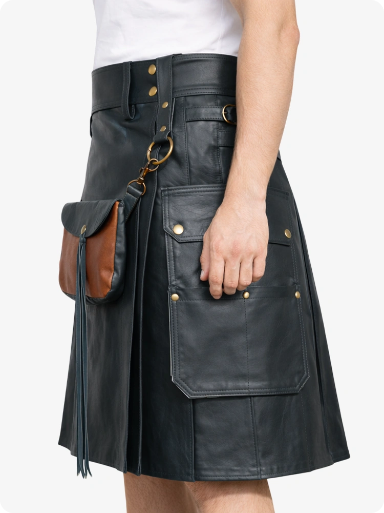 Charcoal leather kilt with gold buttons and a brown leather pouch on a white background