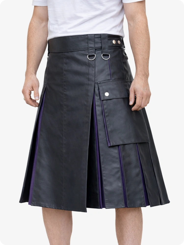 Charcoal leather kilt with purple accents worn by a person on a white background