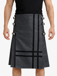 Person wearing a Charcoal kilt with decorative elements on a white background