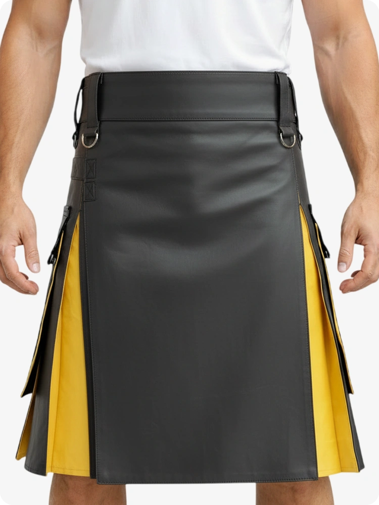 Kilt en cuir charbon et jaune avec poches cargo