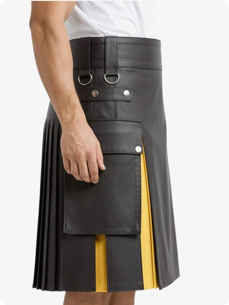 Kilt en cuir charbon et jaune avec poches cargo