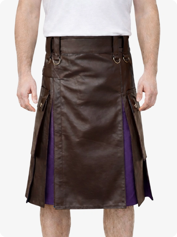 Chocolate Brown Leather Utility Kilt with Purple Pleats, Side Pockets & D-Ring Hardware