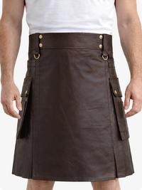 Chocolate Brown Genuine Leather Utility Kilt with Cargo Pockets & D-Rings