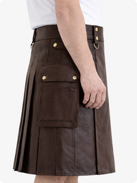 Chocolate Brown Genuine Leather Utility Kilt with Cargo Pockets & D-Rings