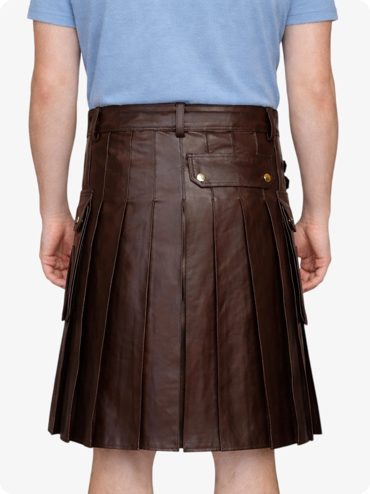 Chocolate Brown Genuine Leather Utility Kilt with Side Pockets