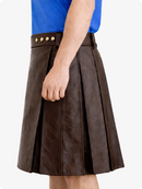 Chocolate Brown leather skirt worn by a person on a white background