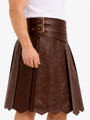 Chocolate Brown leather skirt with gold buckles on a white background
