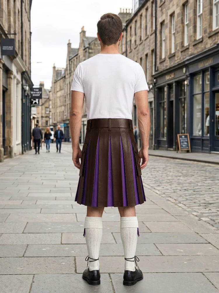 Chocolate Leather Kilt With Purple Pleats Back