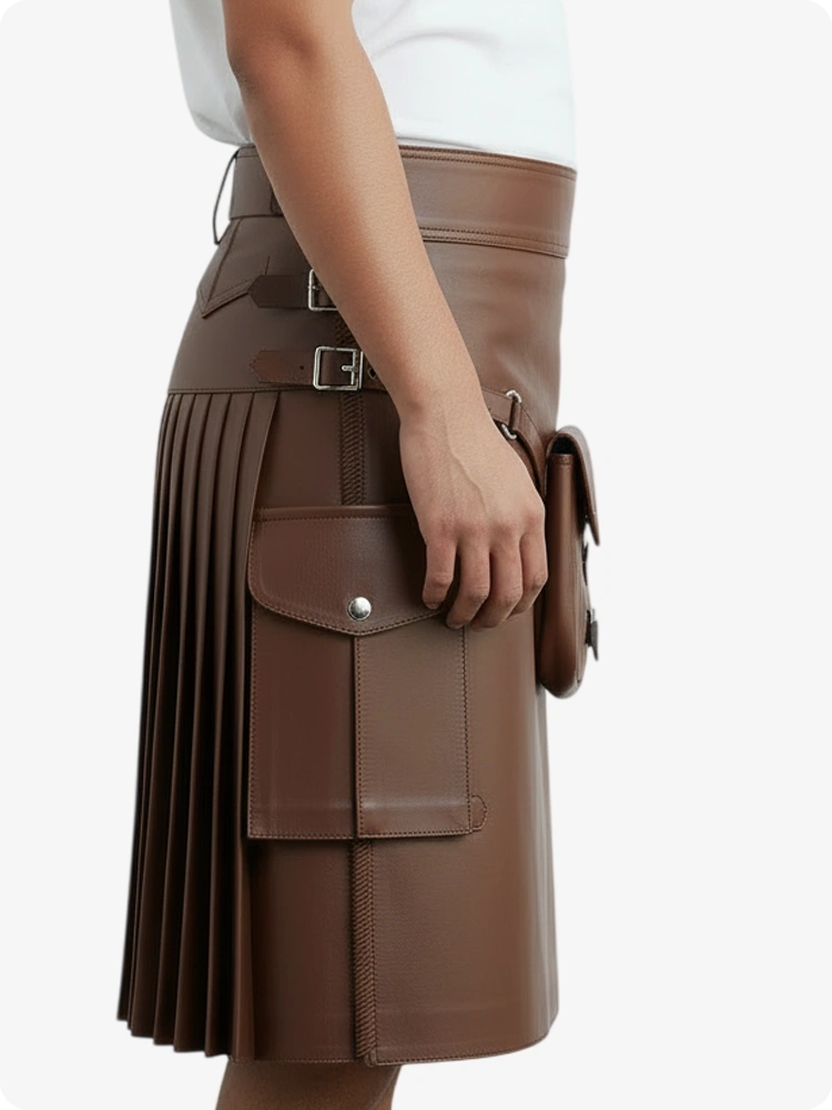 Kilt en cuir plissé marron chocolat avec passants de ceinture et sangles latérales