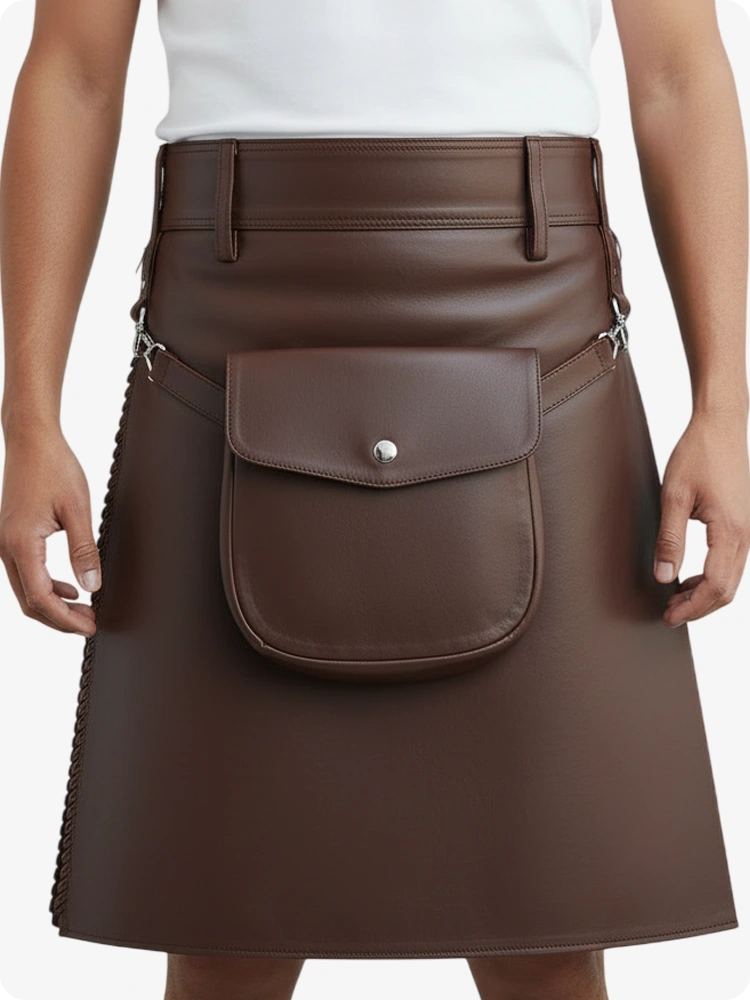Kilt en cuir plissé marron chocolat avec passants de ceinture et sangles latérales