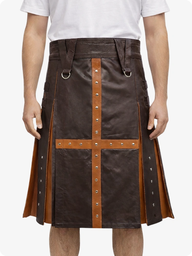Chocolate Brown Leather Utility Kilt with Brown Cross Panel & Metal Rivet Detailing
