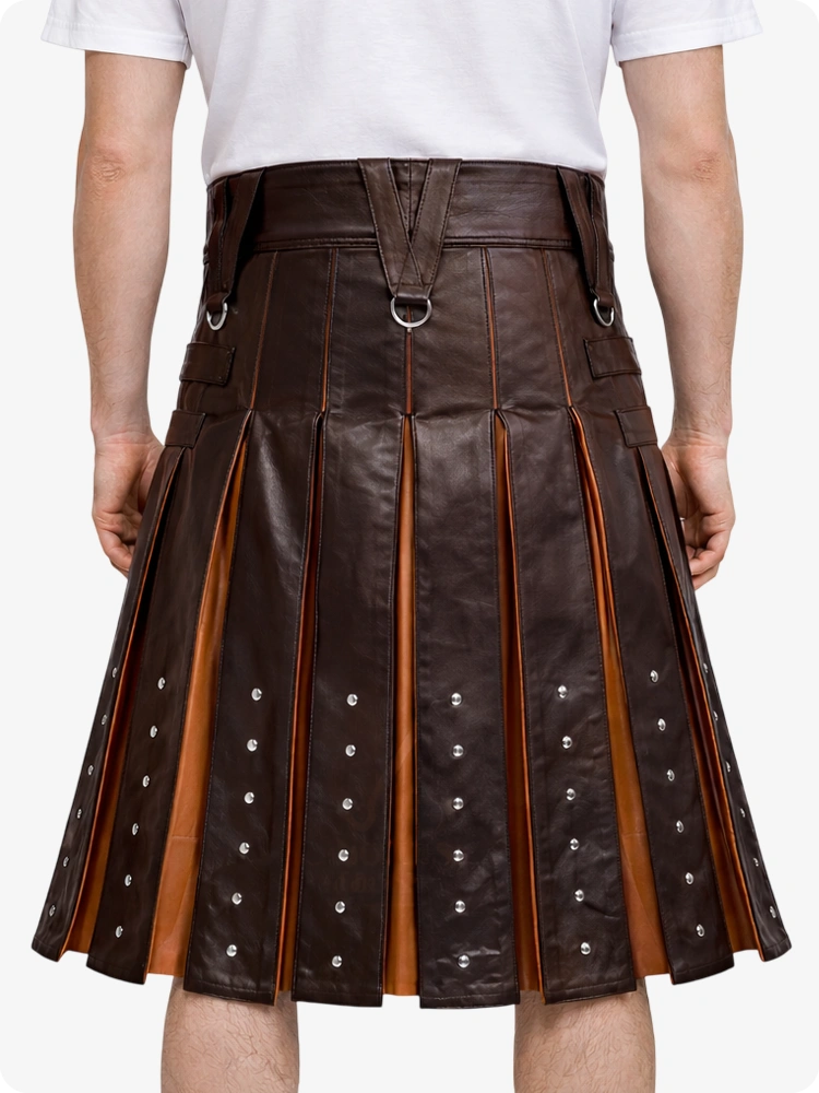 Chocolate Brown leather kilt with orange lining worn by a person on a white background