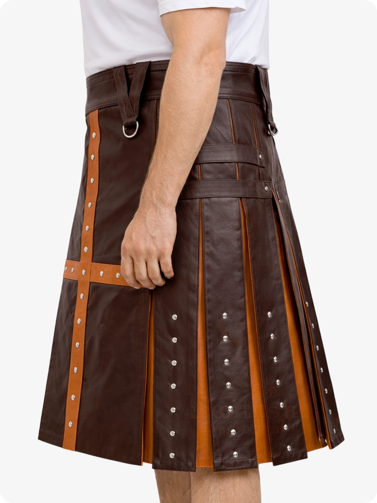 Chocolate Brown leather kilt with orange accents on a white background