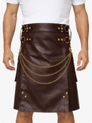 Chocolate Brown Leather Utility Kilt with Chain Detailing & Adjustable Straps