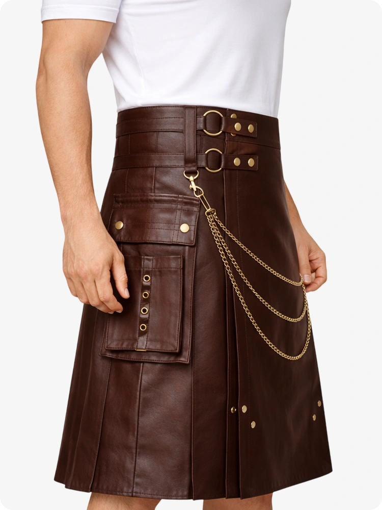 Chocolate Brown Leather Utility Kilt with Chain Detailing & Adjustable Straps
