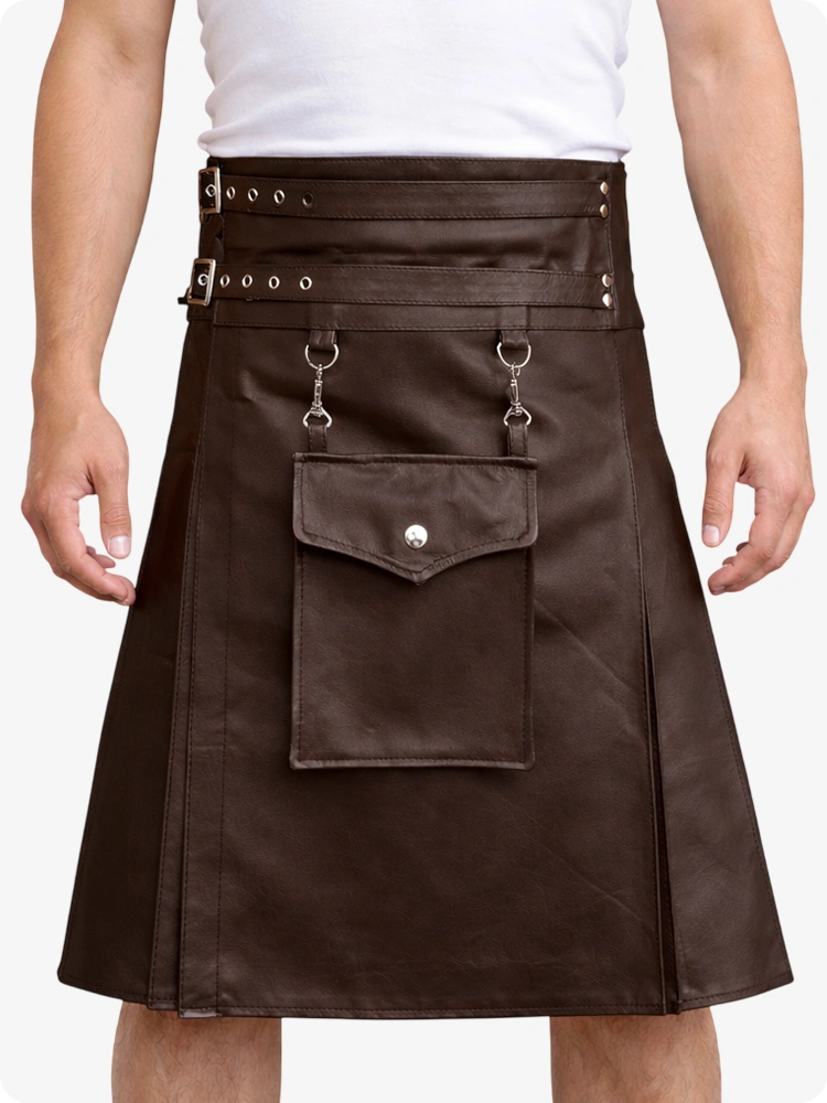 Chocolate Brown Leather Utility Kilt with Front Pocket & Adjustable Buckle Straps