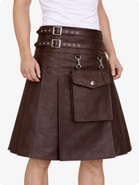 Chocolate Brown leather skirt with belt and pockets on a white background