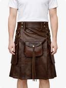 Chocolate Brown leather kilt with gold buttons and a pouch on a white background