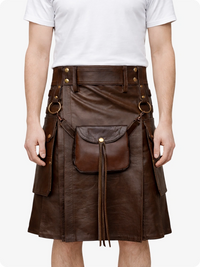 Chocolate Brown leather kilt with gold buttons and a pouch on a white background