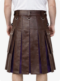 Chocolate Brown leather kilt with purple lining worn by a person on a white background