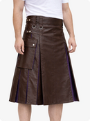 Chocolate Brown leather kilt with purple accents on a white background