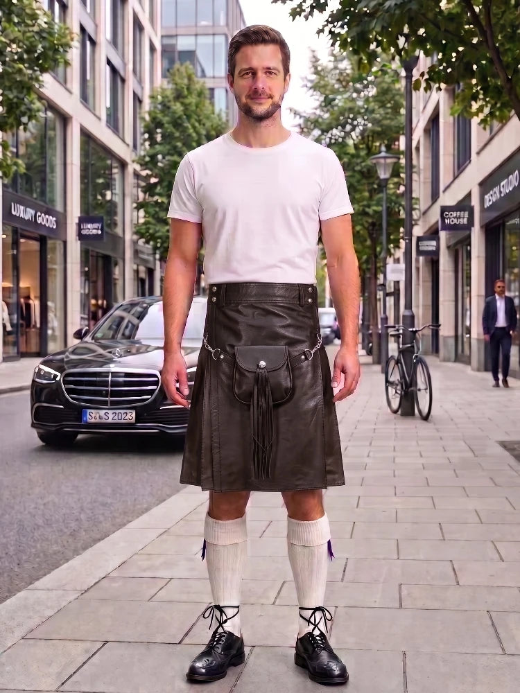 A man standing on a city sidewalk wearing a dark brown leather kilt with a sporran, a white t-shirt, white knee-high socks, and black leather shoes. The background shows a street with buildings, a black Mercedes-Benz car, and a bicycle.