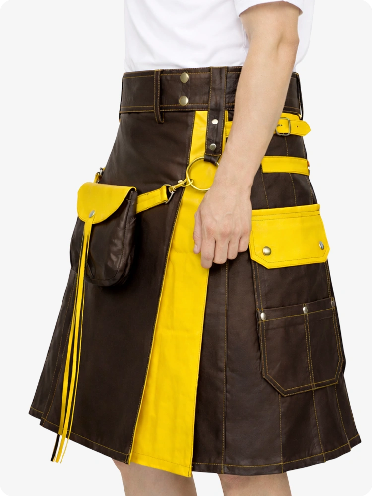 Chocolate Brown Leather Utility Kilt with Yellow Accents & Detachable Pockets