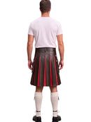 A man shown from the back wearing a dark brown leather kilt with red pleated inserts, a white t-shirt, white knee-high socks, and black shoes, against a plain white background.
