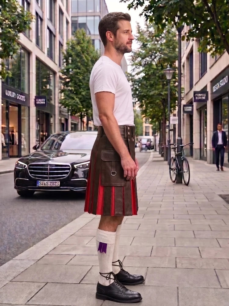 A man standing on a city sidewalk wearing a brown leather kilt with red pleated fabric, a white t-shirt, white socks, and black leather shoes. A black Mercedes-Benz car and a bicycle are parked nearby on the street.