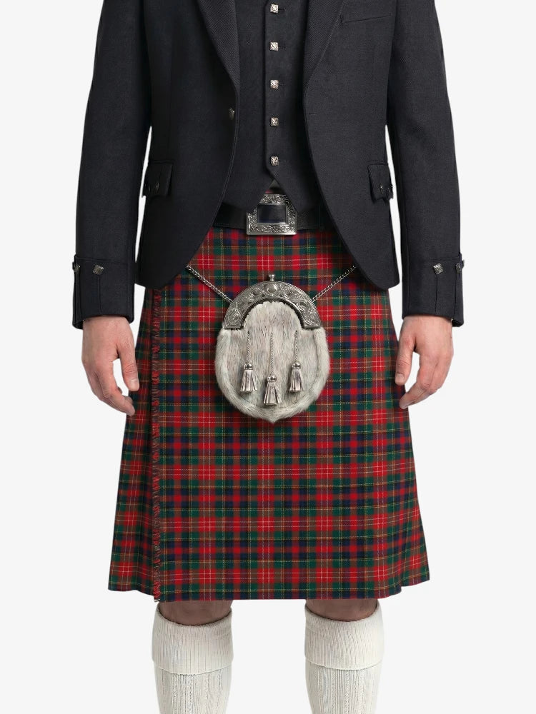Person wearing a black jacket, red plaid kilt, and white knee-high socks on a white background