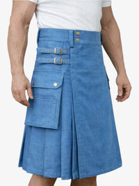 Classic Modern Blue Denim Kilt with Adjustable Straps