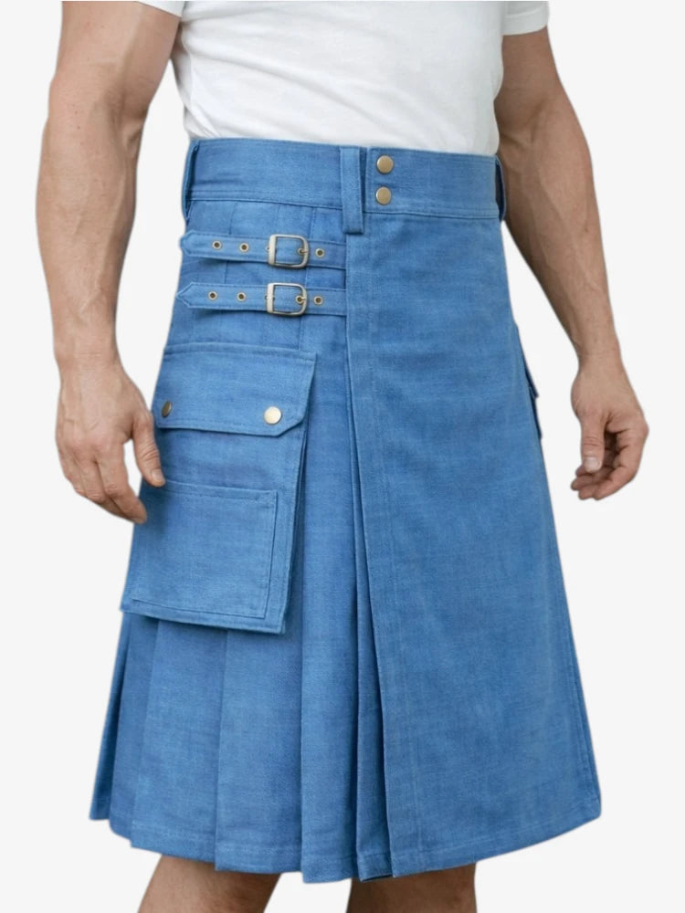 Jupe Écossaise en Denim Bleu Moderne Classique avec Sangles Réglables
