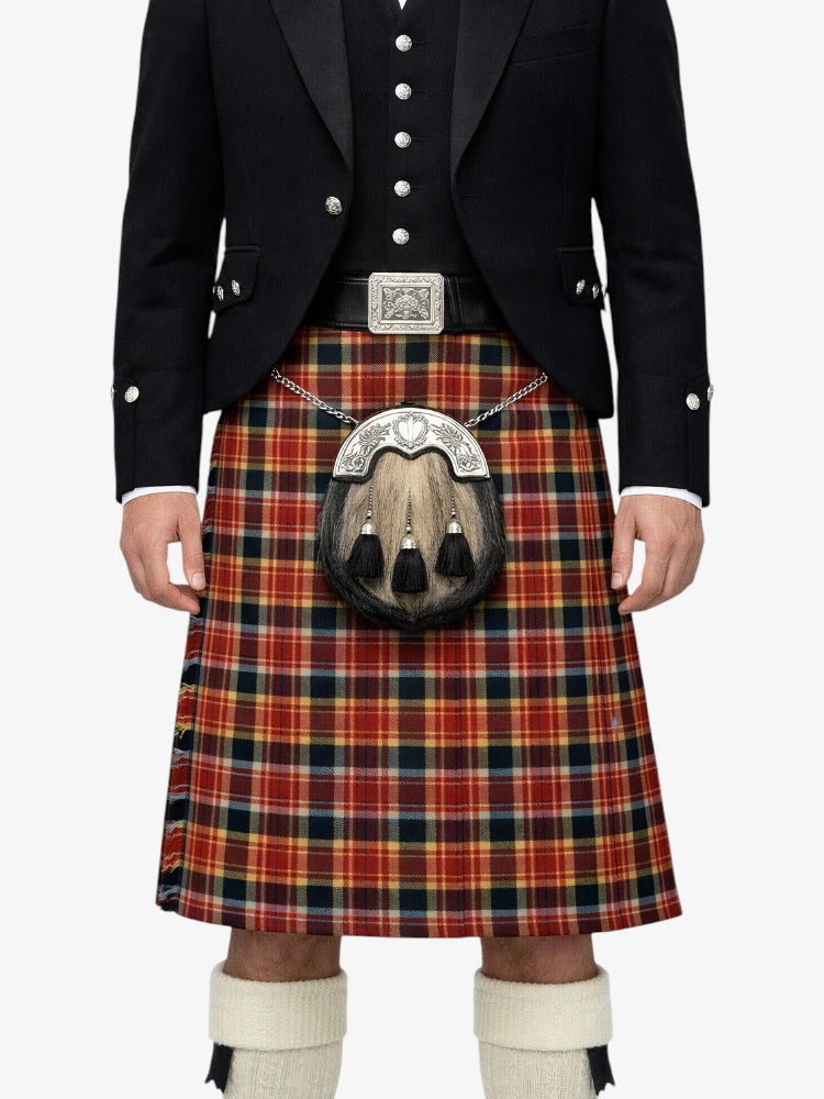 Person wearing a traditional Scottish kilt with a tartan pattern on a white background
