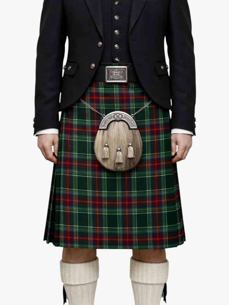 Person wearing a traditional Scottish kilt with a sporran on a white background