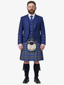 Man wearing a blue kilt with a matching jacket and shoes on a white background