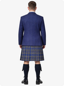 Person wearing a blue jacket and plaid kilt on a white background