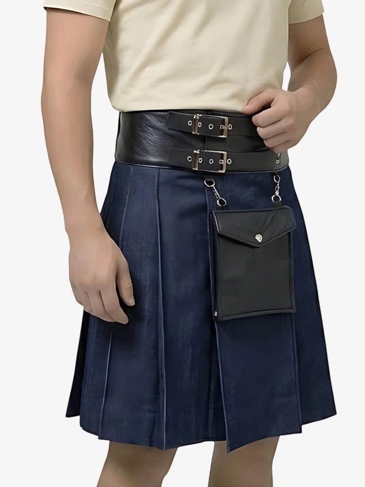 Kilt en denim bleu avec cuir sur mesure