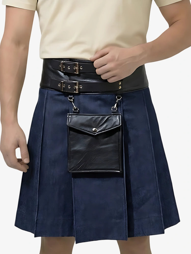 Kilt en denim bleu avec cuir sur mesure