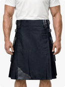 Navy blue kilt with gray accents worn by a person on a white background