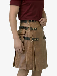 Person wearing a brown leather kilt with decorative belts on a white background