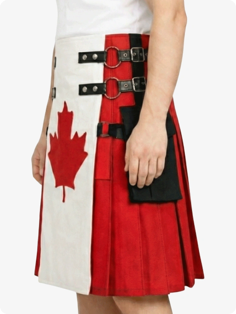 Red and white skirt with a Canadian flag design on a white background