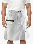 Person wearing a white denim kilt with a plain background