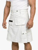 White kilt with multiple pockets worn by a person on a white background
